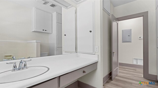 bathroom featuring electric panel, vanity, wood-type flooring, and toilet