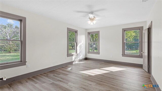 unfurnished room featuring ceiling fan, light wood-type flooring, and a wealth of natural light