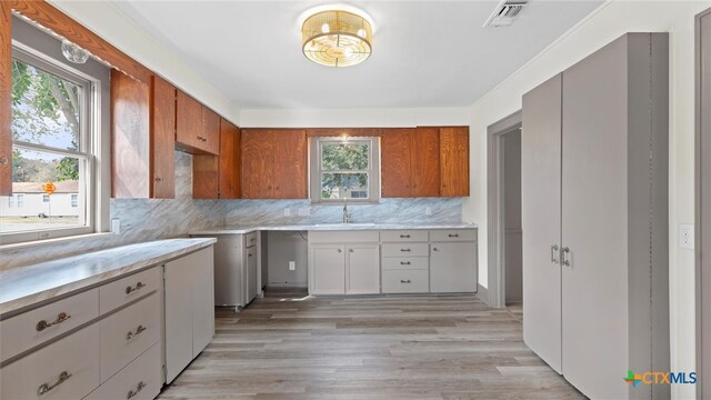 kitchen featuring tasteful backsplash, sink, and light wood-type flooring