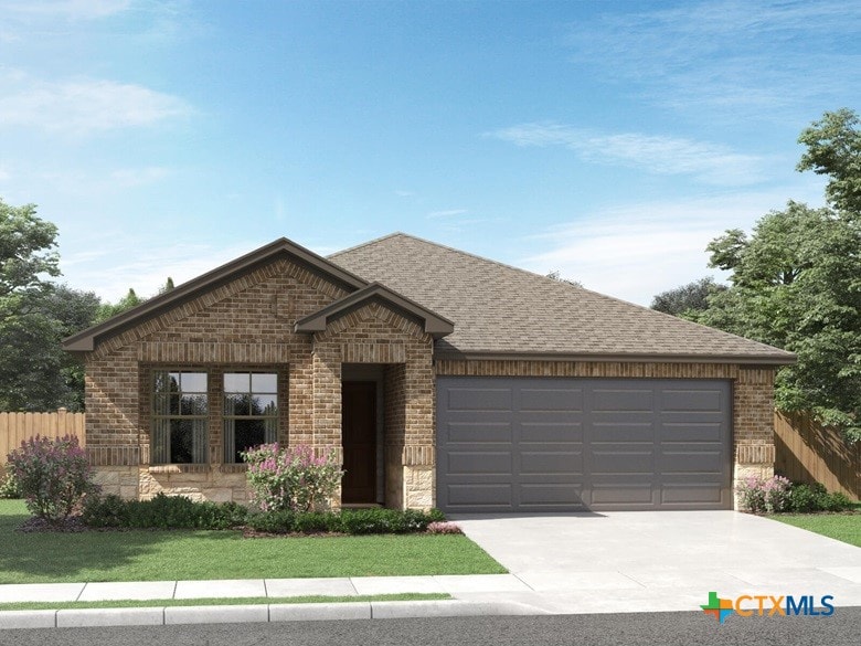 1571 Zion Dr, New Braunfels, TX 78132 - view of front of house featuring brick siding, a garage, driveway, and roof with shingles