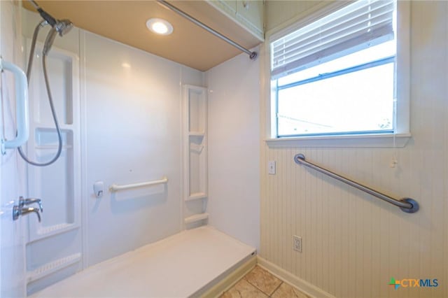 full bathroom with a shower, recessed lighting, and tile patterned floors