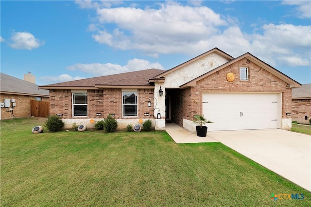 ranch-style house featuring a garage and a front yard