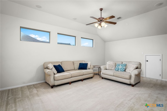 2051 Western Pecan, New Braunfels, TX 78130 - living area with visible vents, a ceiling fan, carpet floors, and lofted ceiling