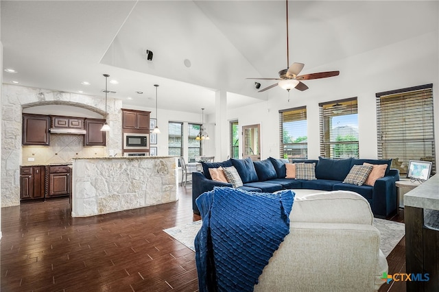 2051 Western Pecan, New Braunfels, TX 78130 - living room featuring high vaulted ceiling, a ceiling fan, dark wood-type flooring, and recessed lighting