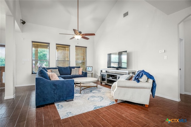 2051 Western Pecan, New Braunfels, TX 78130 - living room featuring a ceiling fan, high vaulted ceiling, wood finished floors, and baseboards