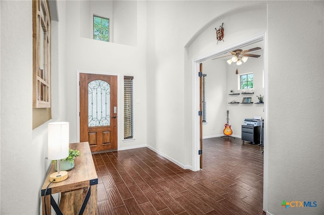 2051 Western Pecan, New Braunfels, TX 78130 - foyer with a high ceiling, a ceiling fan, baseboards, and dark wood finished floors