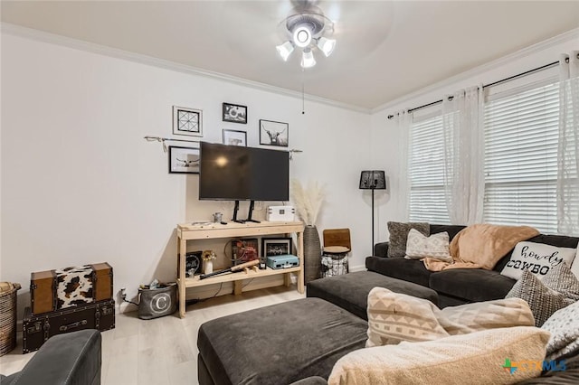 2642 Grayson Way, San Antonio, TX 78232 - living room featuring a ceiling fan, crown molding, and wood finished floors