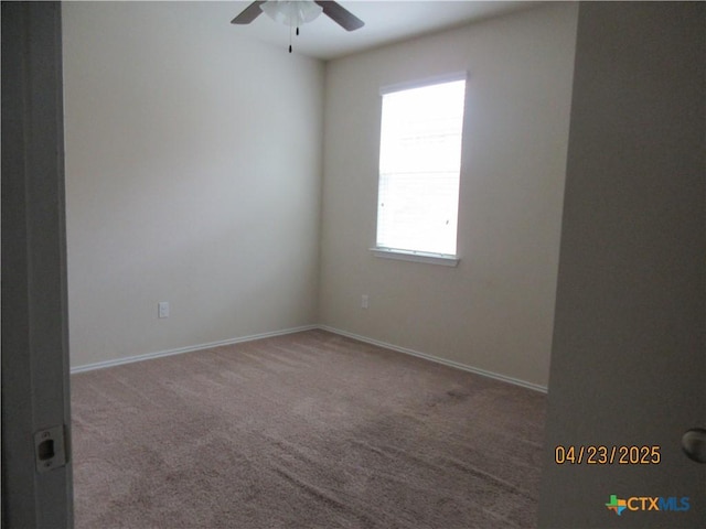 unfurnished room with a ceiling fan, a wealth of natural light, carpet, and baseboards