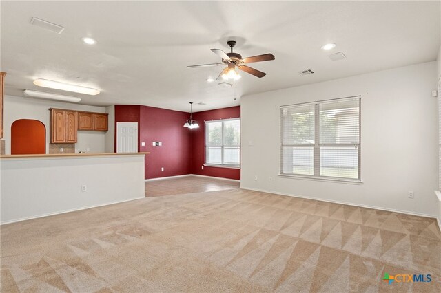 1505 Line Dance Ct, Killeen, TX 76542 - unfurnished living room with light colored carpet, ceiling fan, baseboards, and recessed lighting