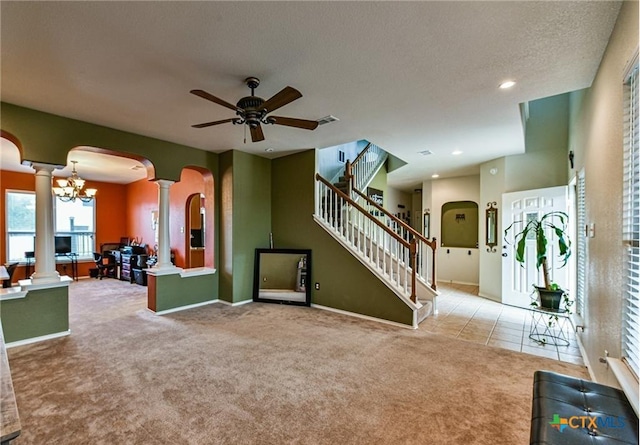 1505 Line Dance Ct, Killeen, TX 76542 - unfurnished living room with decorative columns, carpet floors, a ceiling fan, arched walkways, and recessed lighting