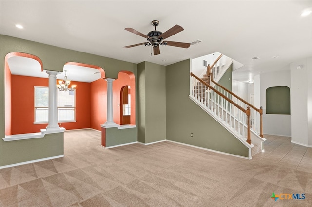 1505 Line Dance Ct, Killeen, TX 76542 - carpeted empty room featuring arched walkways, a ceiling fan, stairs, decorative columns, and baseboards