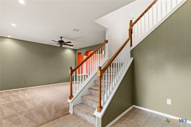 1505 Line Dance Ct, Killeen, TX 76542 - stairway featuring ceiling fan, recessed lighting, baseboards, and carpet