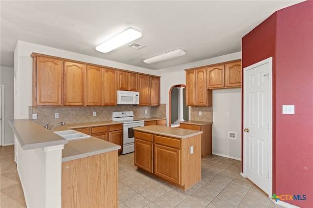 1505 Line Dance Ct, Killeen, TX 76542 - kitchen featuring white appliances, a peninsula, decorative backsplash, a sink, and brown cabinetry