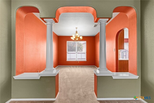 1505 Line Dance Ct, Killeen, TX 76542 - living room featuring decorative columns, arched walkways, a ceiling fan, carpet flooring, and baseboards