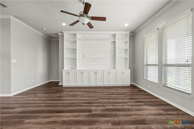 8113 Iron Gate Dr, Temple, TX 76502 - spare room with dark wood-type flooring, crown molding, ceiling fan, and recessed lighting