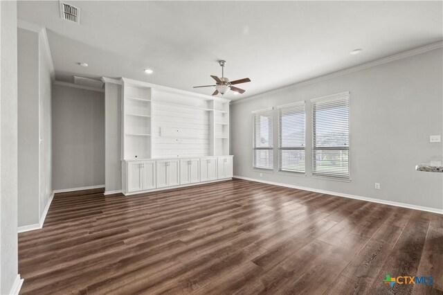 8113 Iron Gate Dr, Temple, TX 76502 - unfurnished living room with crown molding, ceiling fan, dark wood-style floors, and recessed lighting