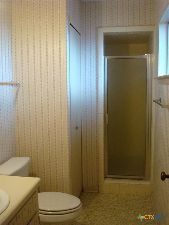 bathroom with vanity, toilet, and a shower with shower door