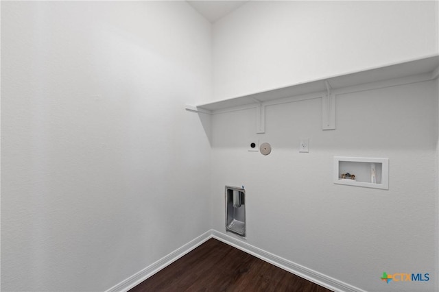 606 Killam Dr, Temple, TX 76502 - clothes washing area featuring hookup for a gas dryer, baseboards, washer hookup, and dark wood-style floors