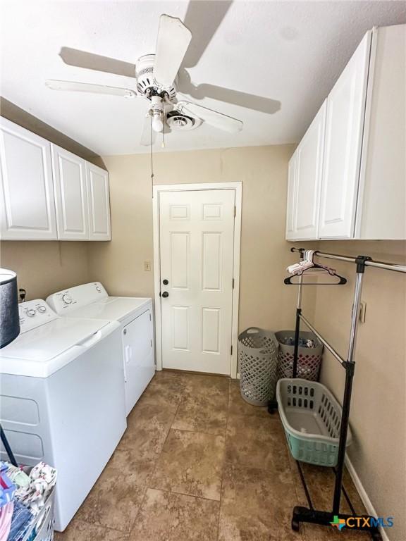 111 Kenilworth Glen St, Victoria, TX 77904 - washroom with cabinet space, washing machine and dryer, and ceiling fan