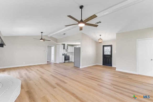 unfurnished living room featuring light wood finished floors, visible vents, baseboards, ceiling fan, and lofted ceiling with beams