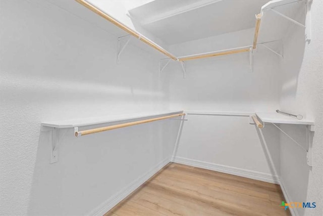 walk in closet with light wood finished floors