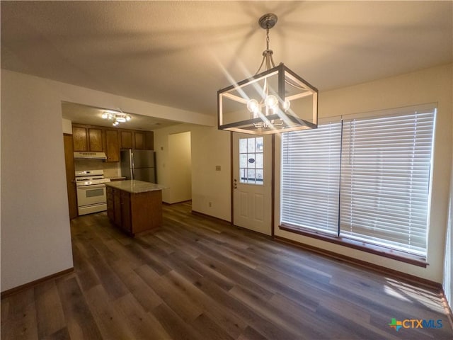 101 Maplewood Dr Unit 28, Victoria, TX 77901 - kitchen with white gas range, freestanding refrigerator, a chandelier, under cabinet range hood, and dark wood finished floors