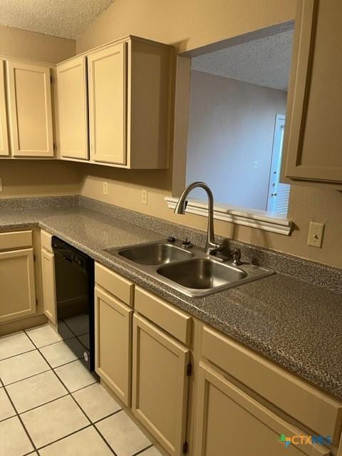 kitchen featuring light tile patterned floors, black dishwasher, a textured ceiling, and sink