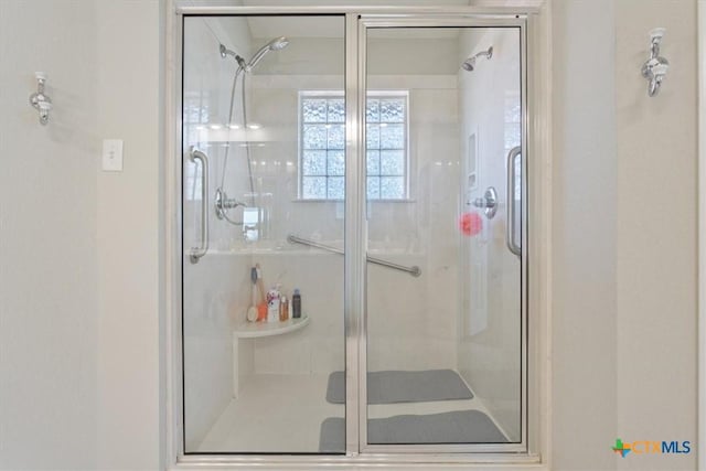 bathroom featuring a shower with door