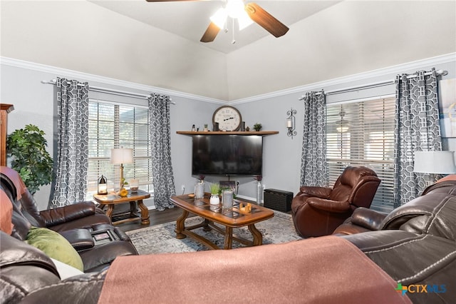 living area featuring crown molding, wood finished floors, a ceiling fan, and lofted ceiling