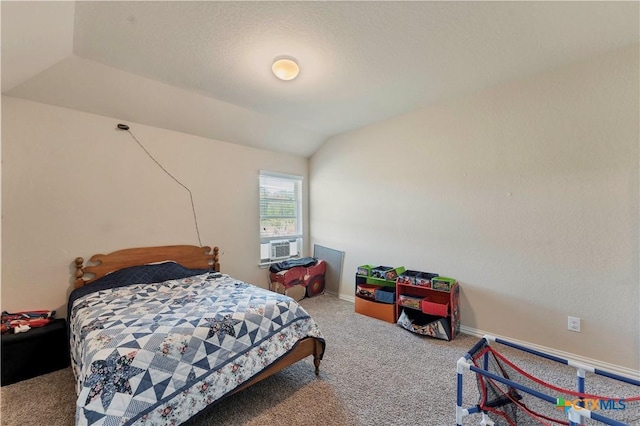 bedroom with carpet flooring, cooling unit, and lofted ceiling