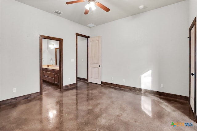 unfurnished bedroom featuring ceiling fan and ensuite bath