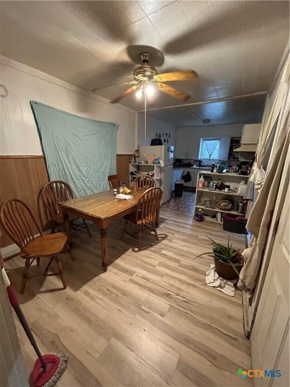 dining space featuring light wood finished floors, ceiling fan, a wainscoted wall, and wood walls