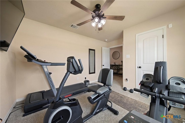 6105 Dorado Dr, Killeen, TX 76542 - exercise area with ceiling fan, carpet flooring, baseboards, and visible vents