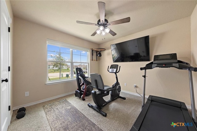 6105 Dorado Dr, Killeen, TX 76542 - exercise room with carpet, baseboards, and a ceiling fan