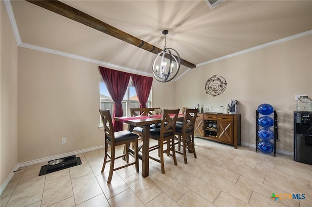 6105 Dorado Dr, Killeen, TX 76542 - dining space featuring a notable chandelier, baseboards, ornamental molding, tile patterned flooring, and lofted ceiling with beams