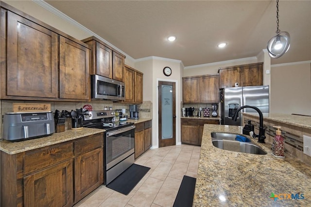 6105 Dorado Dr, Killeen, TX 76542 - kitchen with ornamental molding, light tile patterned flooring, a sink, decorative backsplash, and appliances with stainless steel finishes