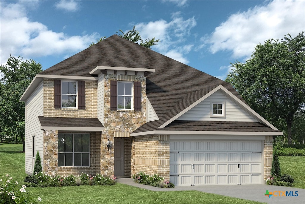 210 Wind Ridge Dr, Copperas Cove, TX 76522 - view of front of home with brick siding, an attached garage, and a front lawn