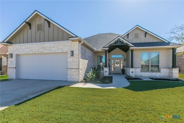 craftsman house featuring a garage, concrete driveway, stone siding, a front lawn, and board and batten siding