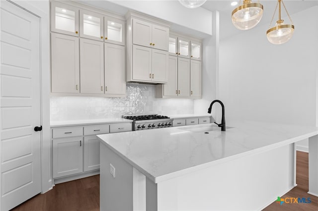 kitchen with light stone counters, a center island with sink, decorative light fixtures, sink, and dark wood-type flooring