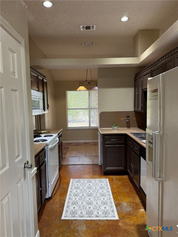 kitchen with dark brown cabinetry, white appliances, a textured ceiling, and sink