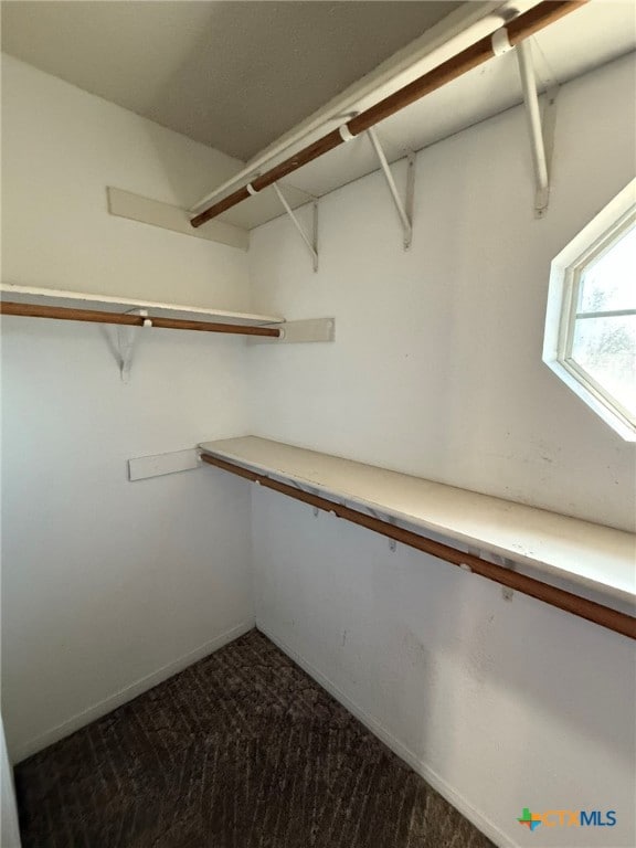 spacious closet featuring dark carpet