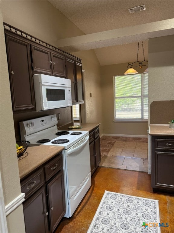 kitchen with pendant lighting, white appliances, a textured ceiling, and dark brown cabinetry