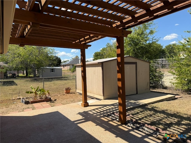 view of patio / terrace featuring a pergola and a storage unit