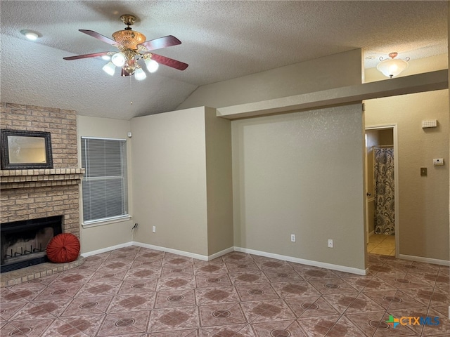 unfurnished living room with lofted ceiling, a textured ceiling, and ceiling fan