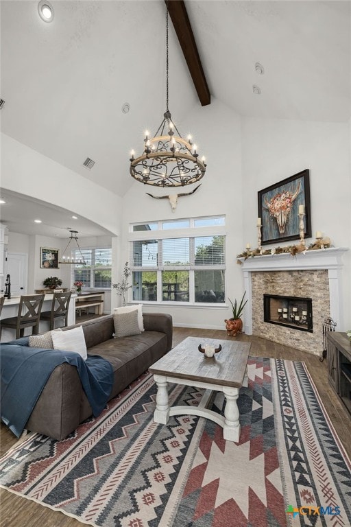 1882 Rush Crk, Canyon Lake, TX 78133 - living room with a chandelier, a premium fireplace, high vaulted ceiling, beam ceiling, and recessed lighting