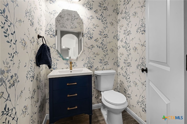 1882 Rush Crk, Canyon Lake, TX 78133 - bathroom with wallpapered walls, wood finished floors, toilet, vanity, and baseboards