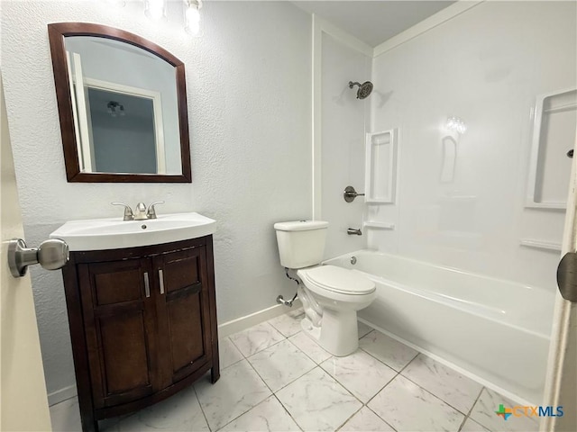 2703 Casey Dr, Killeen, TX 76543 - bathroom featuring marble look tiles, baseboards, toilet, vanity, and tub / shower combination