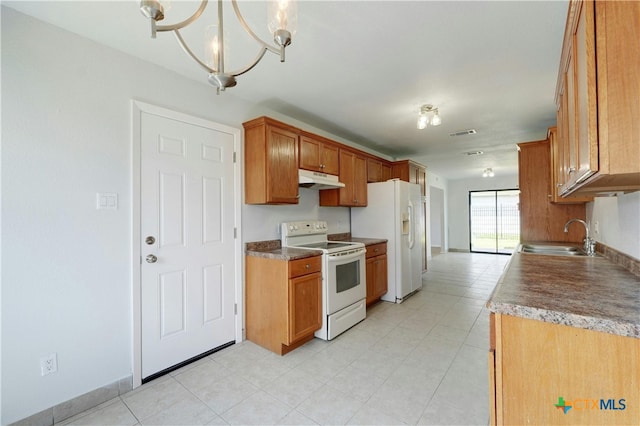 2703 Casey Dr, Killeen, TX 76543 - kitchen featuring white appliances, a sink, under cabinet range hood, a chandelier, and brown cabinetry