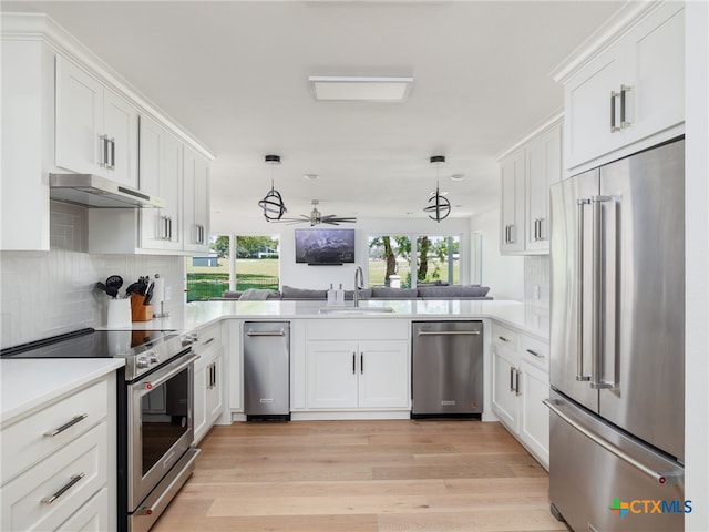 3415 Chisholm Trl, Salado, TX 76571 - kitchen featuring a ceiling fan, under cabinet range hood, premium appliances, a sink, and a peninsula
