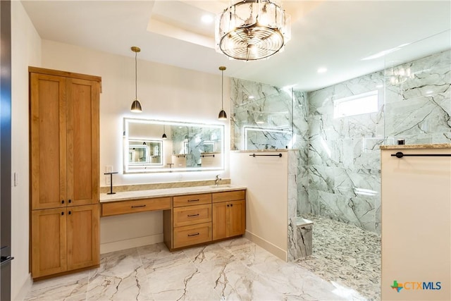 full bathroom with marble finish floor, a marble finish shower, vanity, and recessed lighting